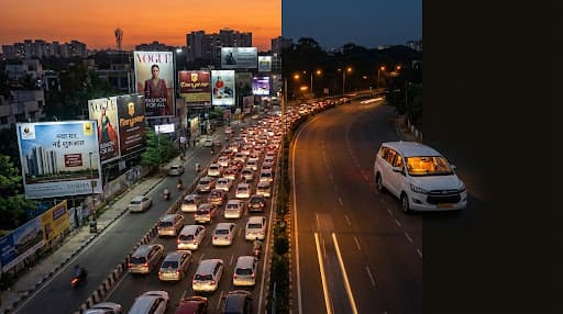 Bengaluru traffic with billboards versus a single cab